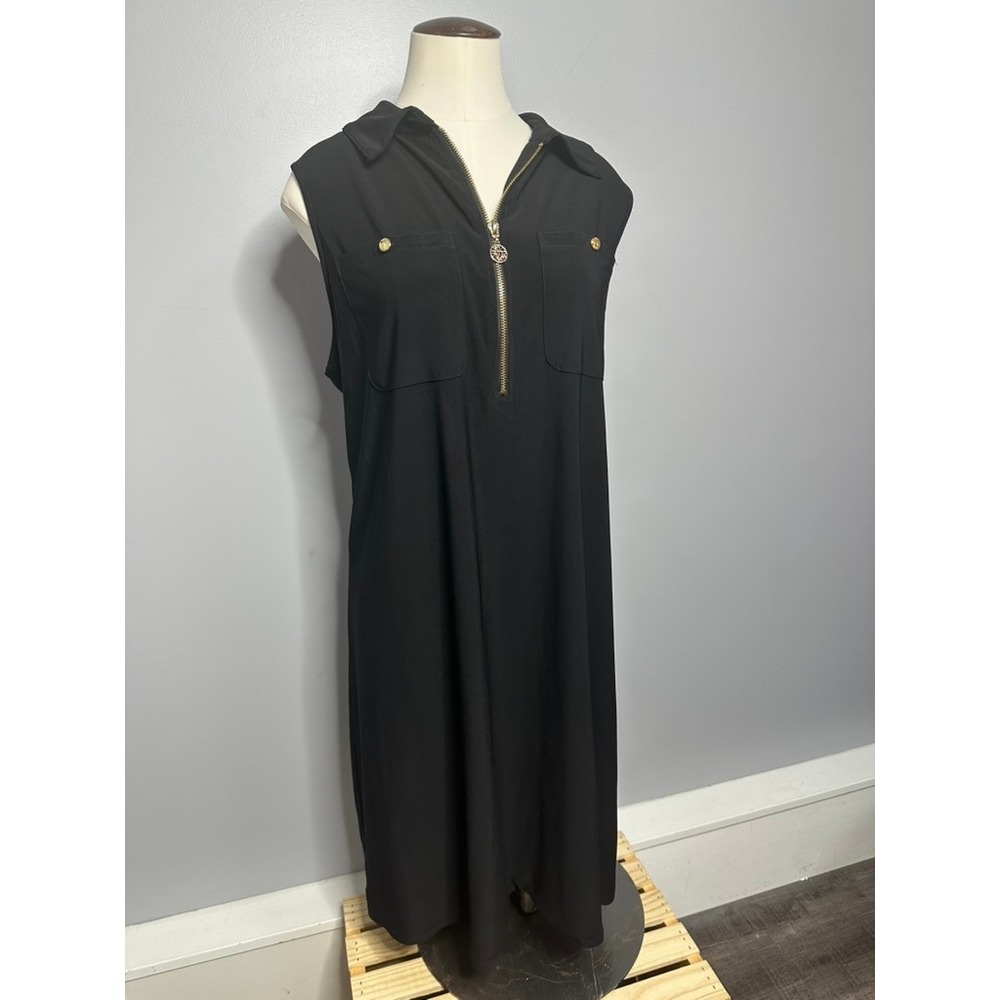 Anne Klein Black Sleeveless Half Zip Shift Dress Gold Lion Detail Plus Size 1X
